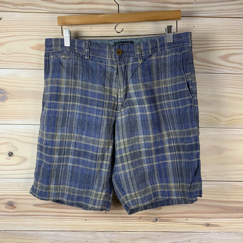 Banana Republic 100% Linen Shorts Plaid Mens 34 Travel Golf Preppy